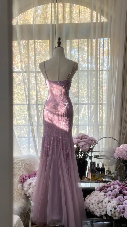Wunderschönes Meerjungfrauenkleid mit Spaghettiträgern, fliederfarbenem Chiffon und Schal, lange Abendkleider, Ballkleider MP1121