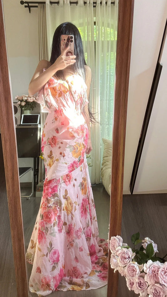 Vintage Mermaid Spaghetti Strap Pink Floral Chiffon Long Formal Gown Evening Outfits Prom Dresses MP1081