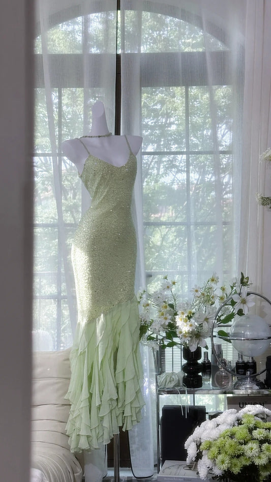 Classy Mermaid Spaghetti Strap Chiffon Green Long Bodycon Sleeveless Prom Dresses MP970