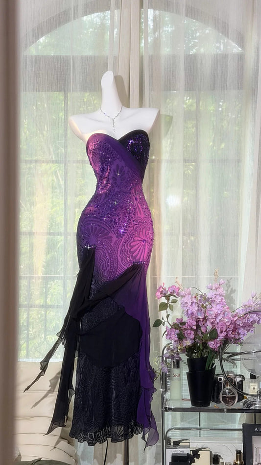 Vintage Mermaid Sweetheart Grape Chiffon Formal Gown Evening Night Prom Dresses MP1048