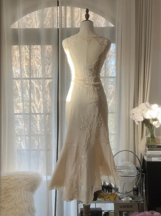 Vintage Mermaid V Neck White Chiffon Formal Gown Knee Length Prom Dresses MP1100