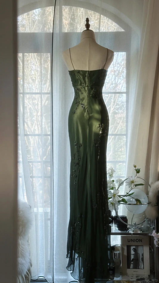 Simple Mermaid Halter Dark Green Chiffon With Beading Formal Gown Long Evening Night Prom Dresses MP1026