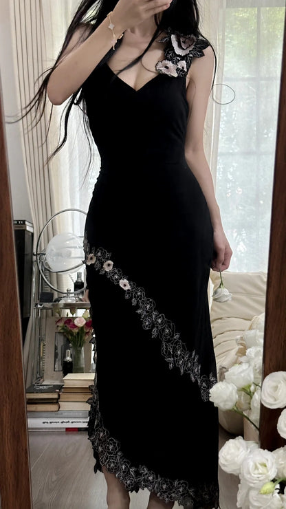Sexy Meerjungfrau Schwarzer Chiffon mit Applikation Lang Ärmelloses Abendkleid Ballkleid MP1093