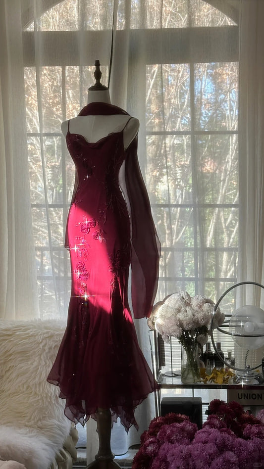 Modest Mermaid Spaghetti Strap Burgundy Chiffon With Scarf Long Sleeveless Formal Gowns Prom Dresses MP1098