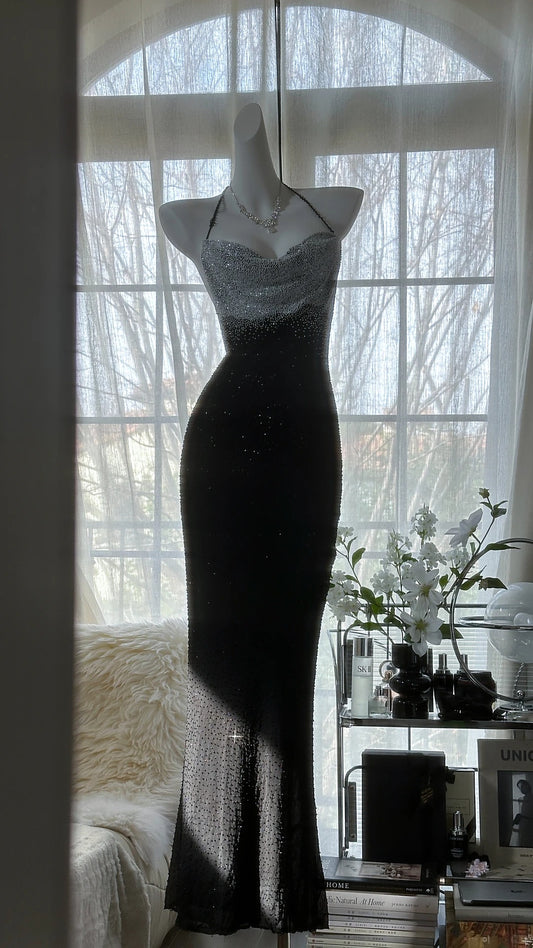 Vintage Mermaid Halter Black Tie Gown With Beading Evening Night Long Prom Dresses MP994