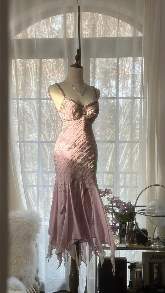 Modest Mermaid Spaghetti Strap Pink Chiffon With Beading Evening Night Gown Knee Length Prom Dresses MP1035
