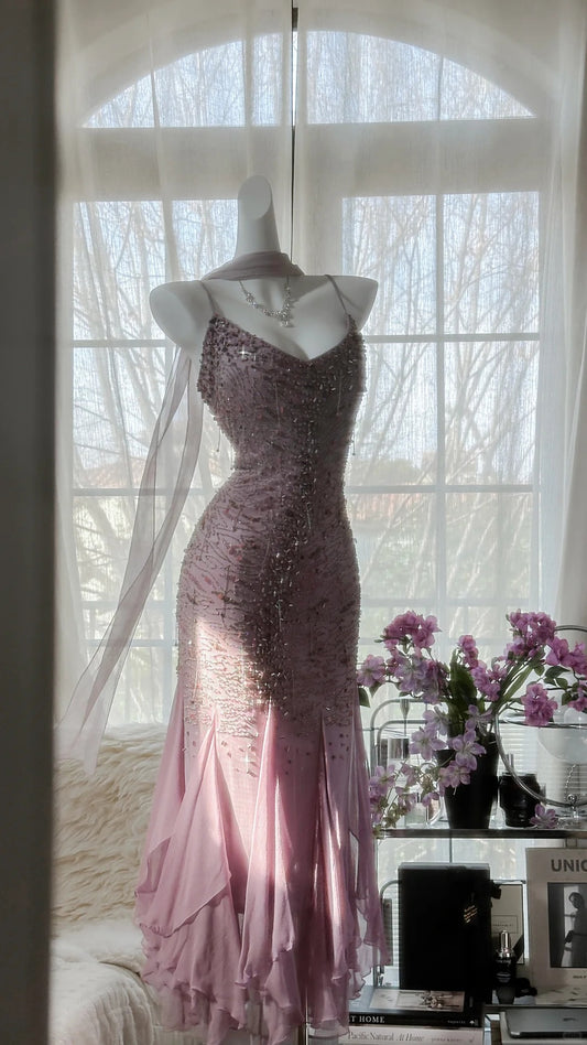 Vintage Mermaid Spaghetti Strap Chiffon Asymmetrical Lilac Chiffon Formal Gown Evening Night Prom Dresses MP1046