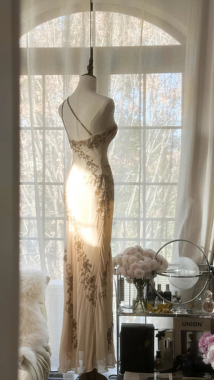 Modeste sirène à une épaule en mousseline ivoire avec perles et cristaux, longue robe de soirée sans manches MP1097