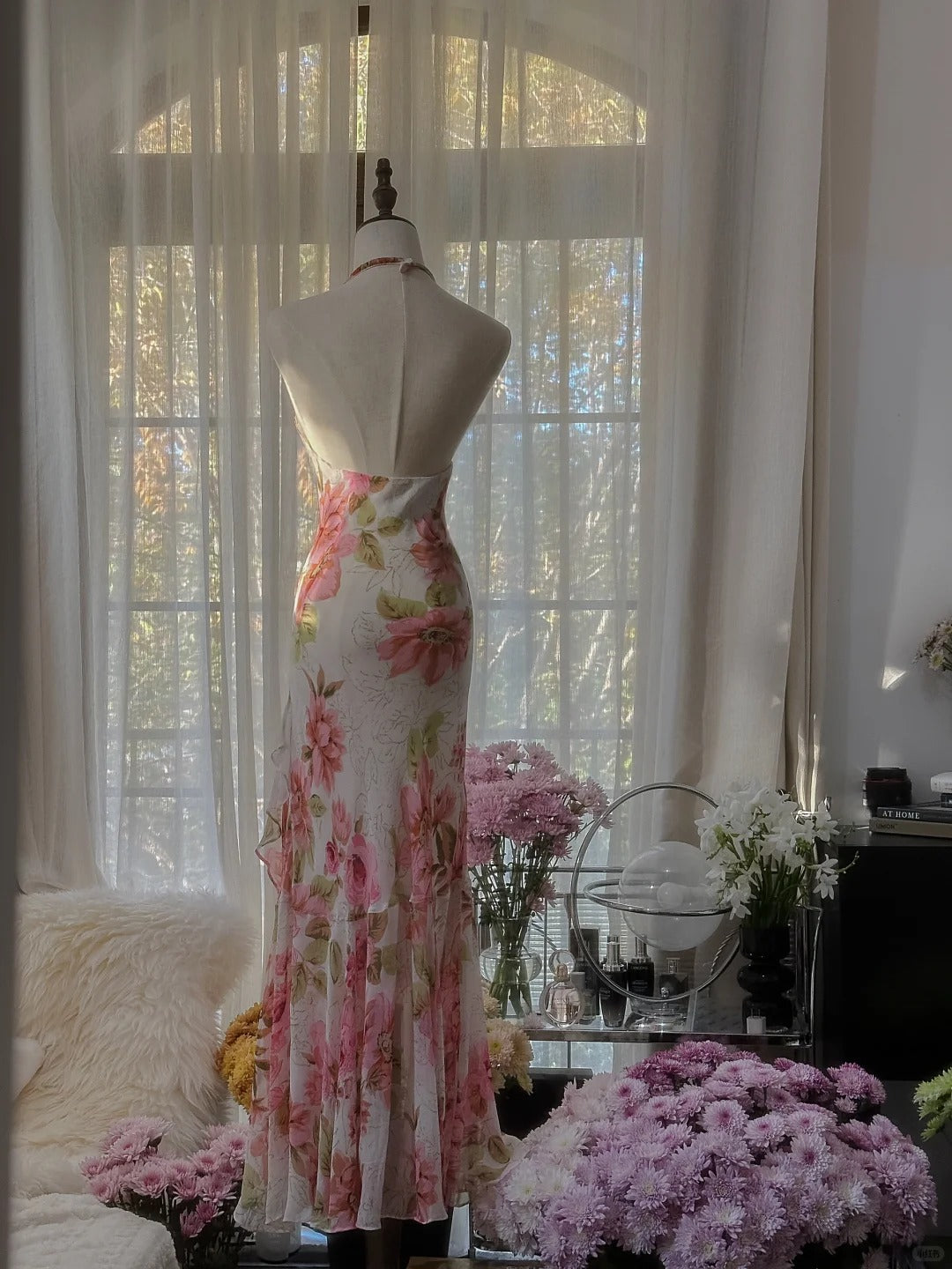 Sexy Mermaid V Neck Floral Pink Chiffon Floor length Sleeveless Formal Outfit Prom Dresses MP1099