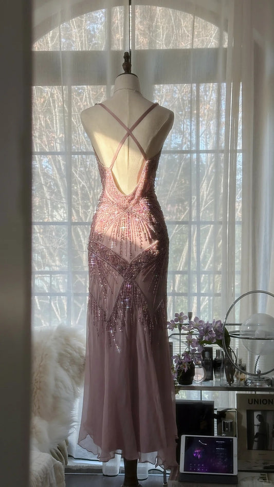 Modest Mermaid Spaghetti Strap Pink Sleeveless With Beading Formal Gown Chiffon Evening Night Prom Dresses MP1052