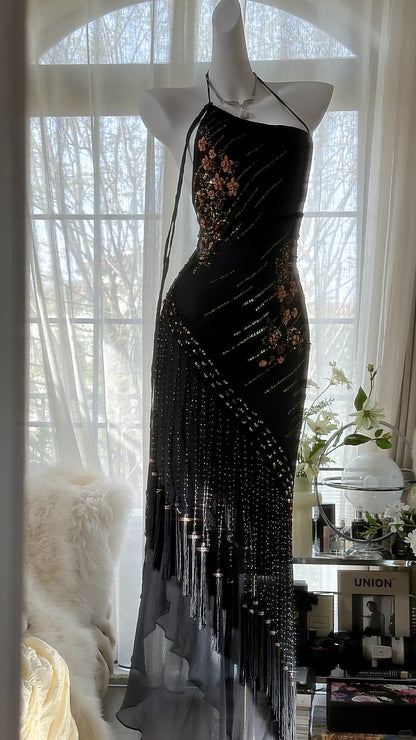 Robe longue de soirée sirène vintage à bretelles spaghetti et perles argentées pour bal de promo MP990