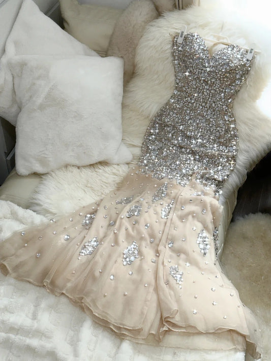 Best Mermaid Sweetheart Champagne With Beading Long Formal Outfits Prom Dresses MP1117