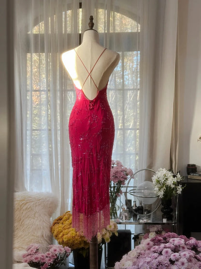 Wunderschönes Meerjungfrauen-Spaghettiträger-Kleid, Hot Pink mit Perlen, knielang, festliche Outfits, Abschlussballkleider MP1119