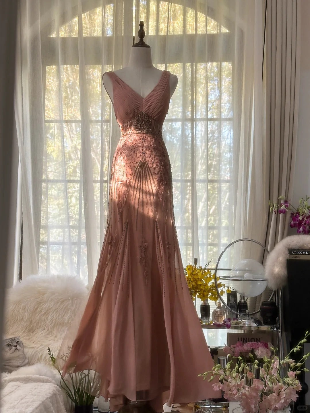 Modest Mermaid V Neck Pink Chiffon With Gems Crystals Long Sleeveless Formal Gown Prom Dresses MP1091
