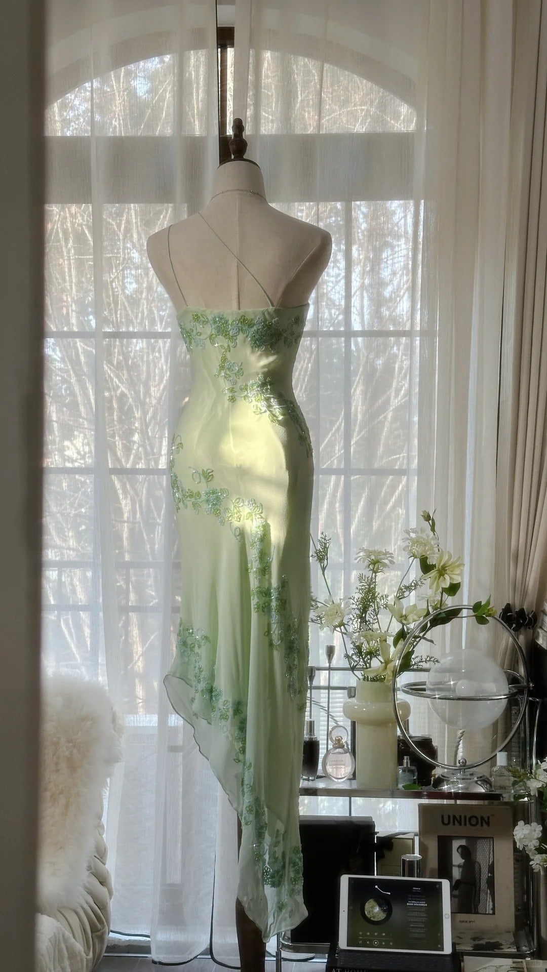 Vintage Mermaid Mint Green With Lace Formal Gown Appliqued Asymmetrical Evening Night Prom Dresses MP1013
