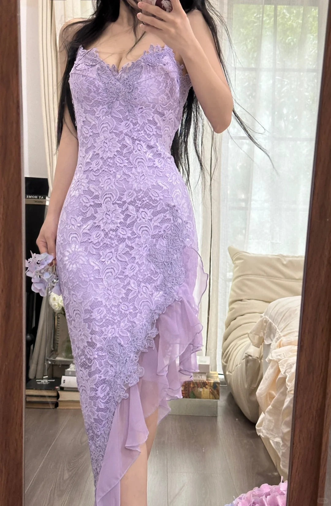 Sexy Meerjungfrau Spaghettiträger Lila Spitze Unregelmäßiges Ärmelloses Abendkleid Ballkleid MP1103