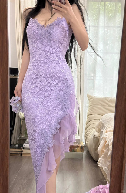 Sexy Meerjungfrau Spaghettiträger Lila Spitze Unregelmäßiges Ärmelloses Abendkleid Ballkleid MP1103