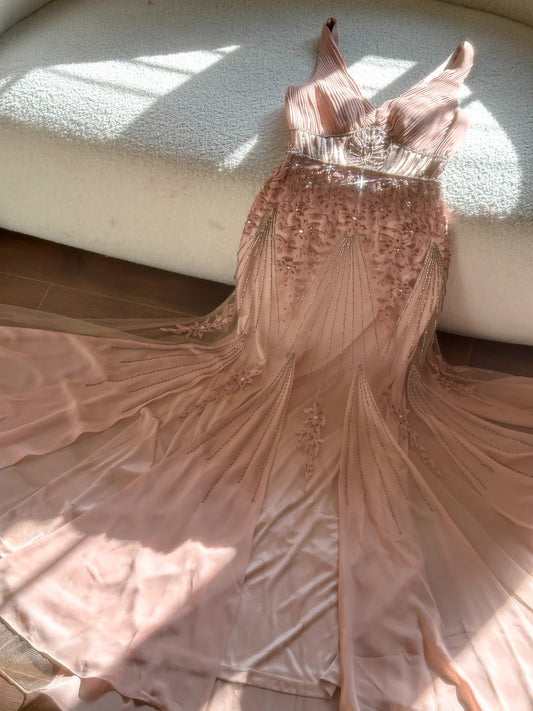 Sparkly Mermaid V Neck Blush Pink Chiffon Sleeveless Gala Pageant Dress Prom Dresses MP1143
