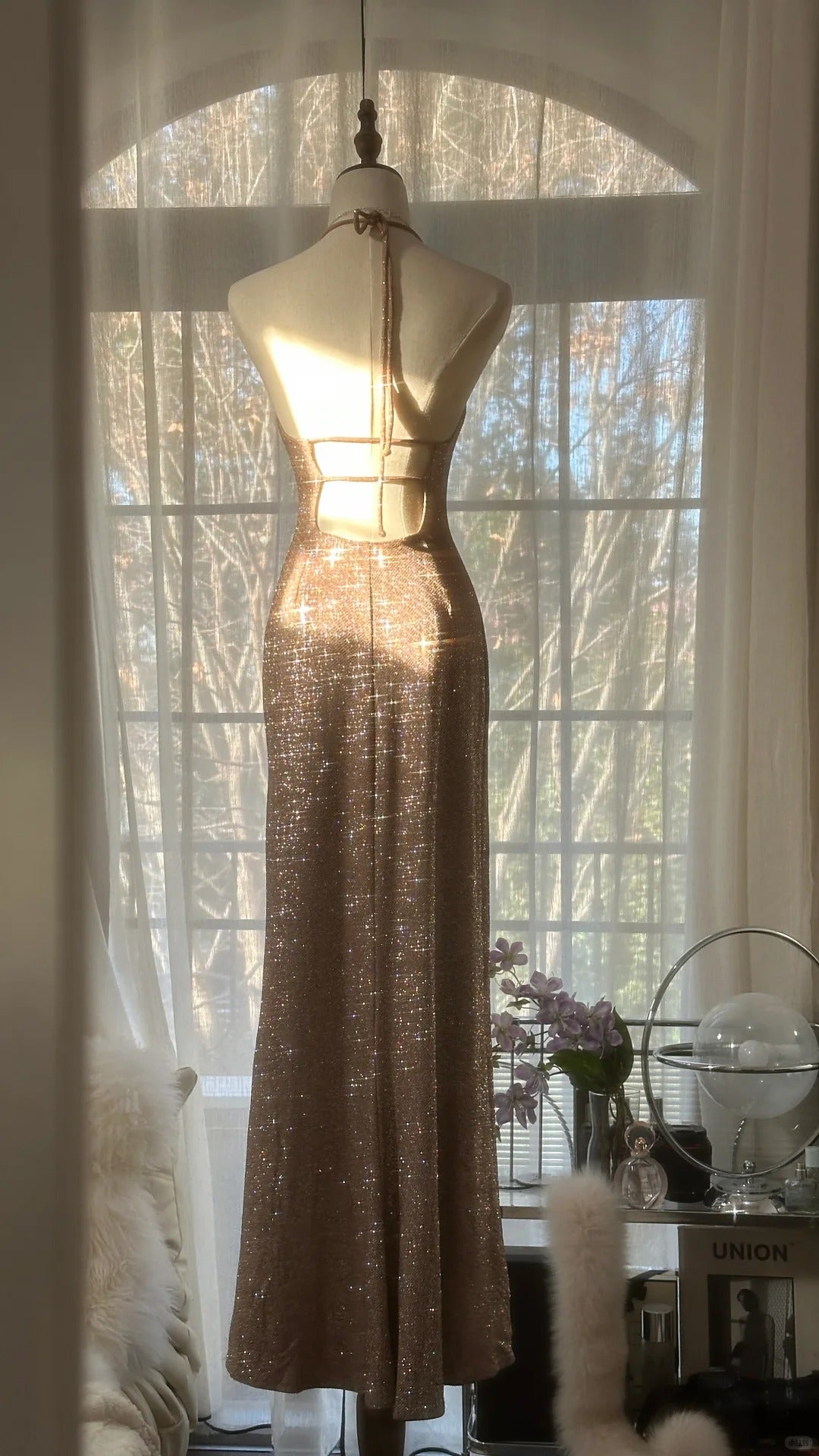 Vintage Mermaid Halter Champagne With Backless Formal Gown Sequin Long Evening Night Prom Dresses MP1015