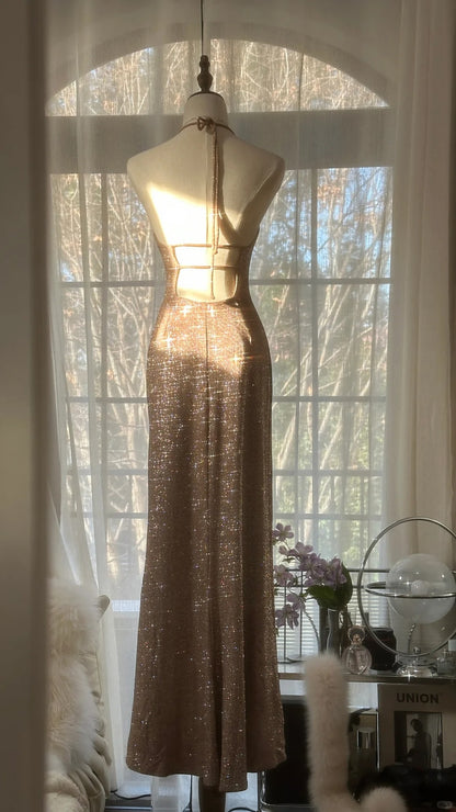 Vintage Mermaid Halter Champagne With Backless Formal Gown Sequin Long Evening Night Prom Dresses MP1015