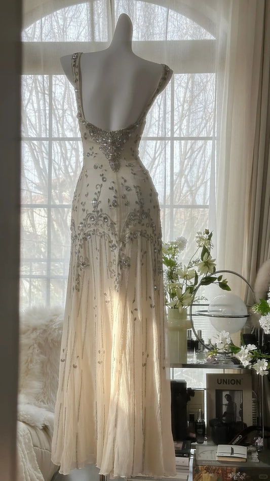 Classy Mermaid Square Neck White Chiffon Long Evening Night Gown Sleeveless Prom Dresses MP996
