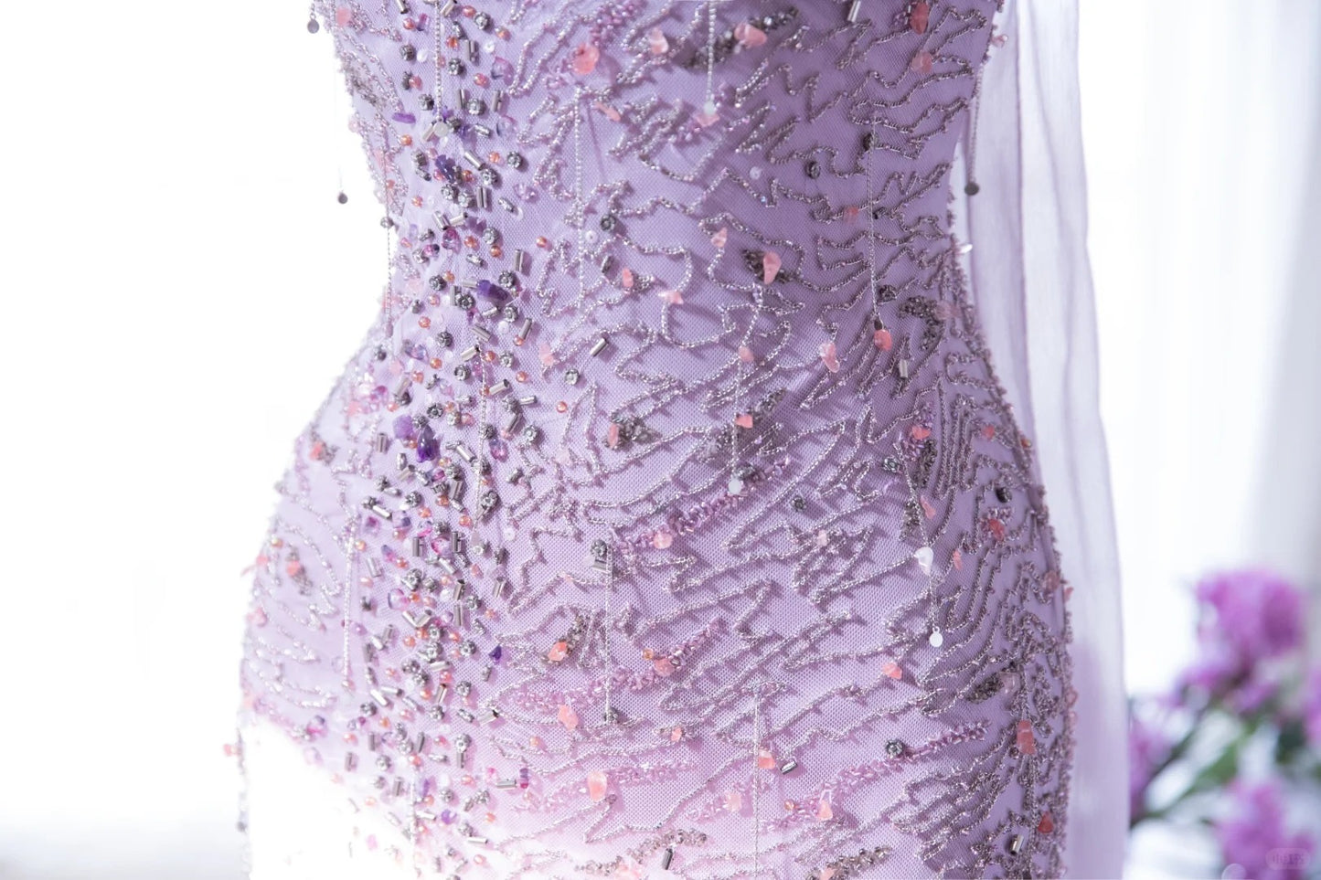 Modest Mermaid Spaghetti Strap Lilac Chiffon With Beading Formal Gown Tea Length Evening Night Prom Dresses MP1039