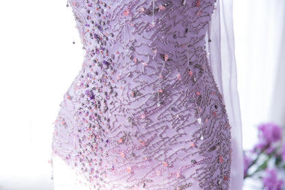 Modest Mermaid Spaghetti Strap Lilac Chiffon With Beading Formal Gown Tea Length Evening Night Prom Dresses MP1039