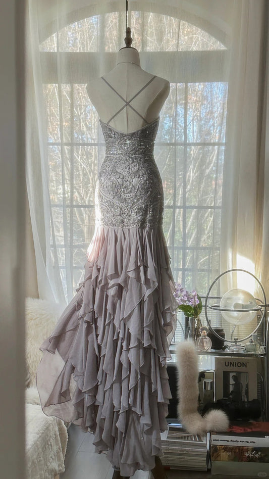 Modest Mermaid Spaghetti Strap High Low Dusty Lilac Chiffon With Beading Formal Gown Long Evening Night Prom Dresses MP1050