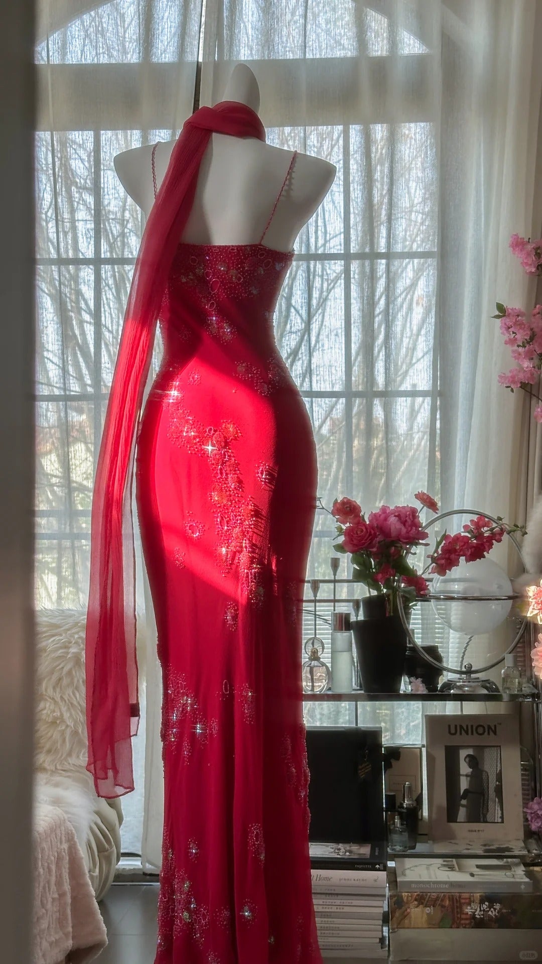 Modest Mermaid Spaghetti Strap Red With Crystals Chiffon Beaded Evening Night Gown Sleeveless Prom Dresses MP1028