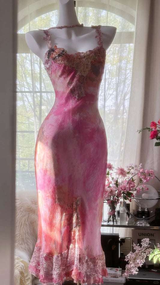 Vintage Mermaid Pink With Lace Formal Gown With Appliqued Evening Night Mid Length Prom Dresses MP1000