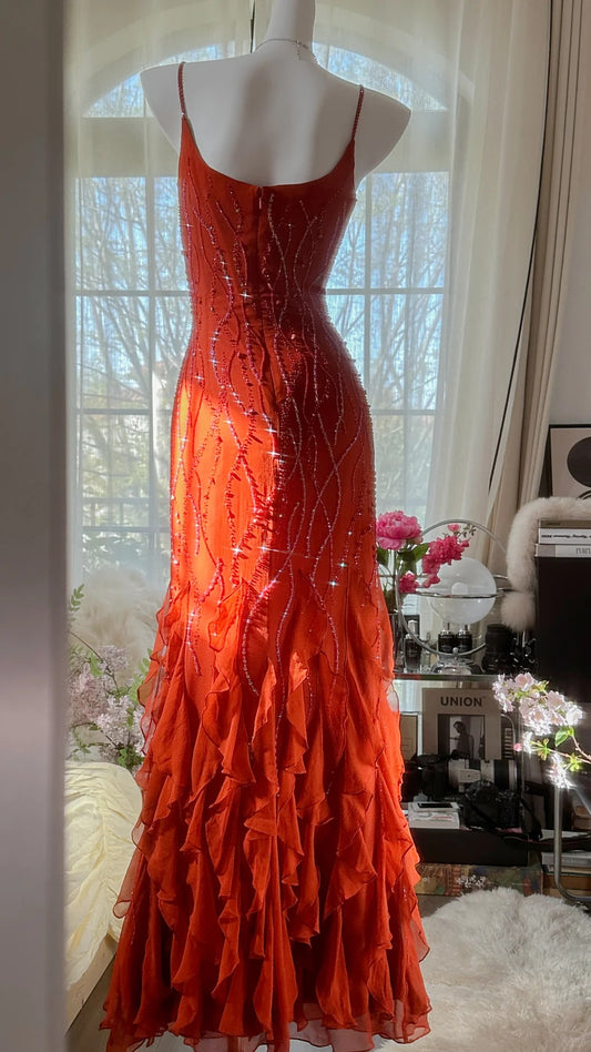 Vintage Mermaid Spaghetti Strap Orange With Silver Beading Evening Night Gown Long Tiered Prom Dresses MP989