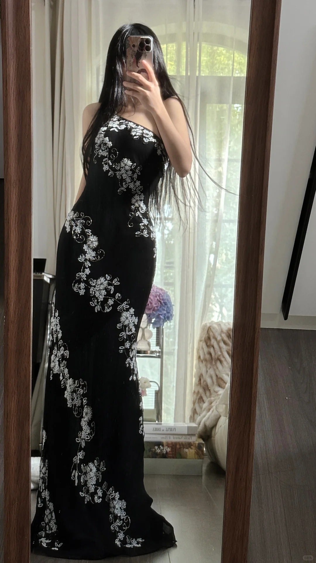 Magnifique Robe de Bal Sirène Asymétrique en Chiffon Noir avec Cristaux Longueur Ras du Sol sans Manches Robe de Soirée MP1130