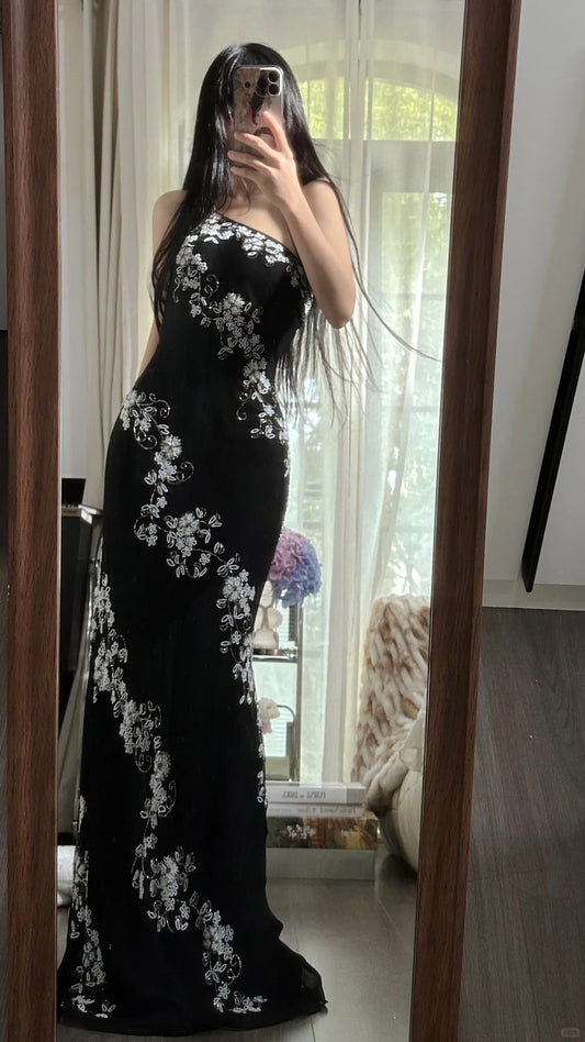 Beautiful Mermaid One Shoulder Black Tie Chiffon With Crystals Floor Length Sleeveless Formal Gown Prom Dresses MP1130