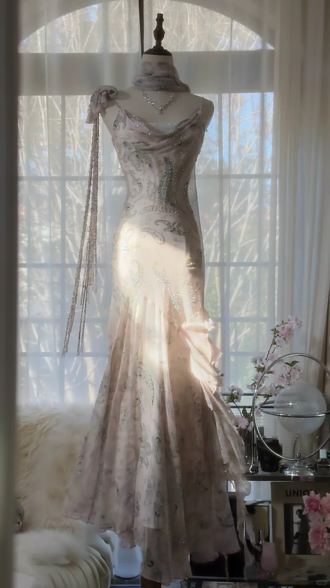 Vintage Mermaid Spaghetti Strap Chiffon With Beaded Floral Formal Gown Long Evening Night Prom Dresses MP1019
