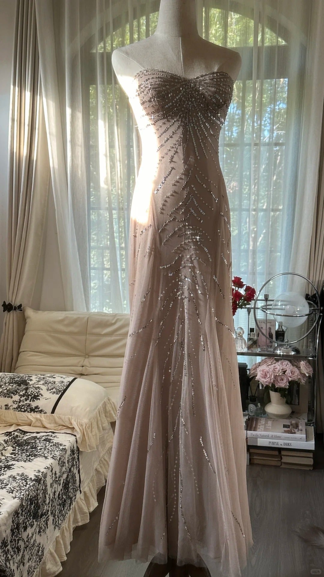 Funkelnde Meerjungfrau-Sweetheart-Champagner-Chiffon mit Perlen ärmellose festliche Outfits Ballkleider MP1111