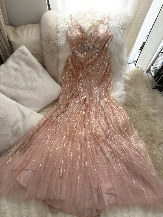 Sparkly Mermaid V Neck Blush Pink Sequin With Beading Formal Gown Long Evening Night Prom Dresses MP1027