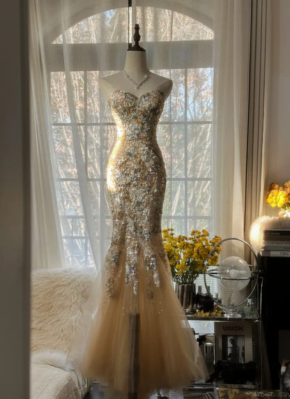 Sparkly Mermaid Sweetheart Champagne Tulle With Lace Sleeveless Formal Outfits Prom Dresses MP1112