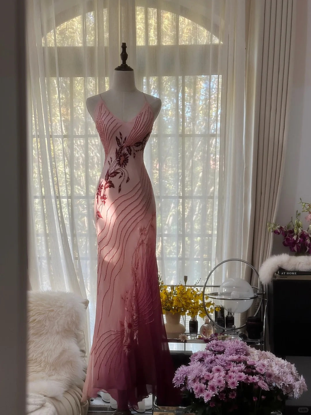 Stylish Mermaid Spaghetti Strap Gradient Pink Color Chiffon Sleeveless Formal Outfits Long Prom Dresses M5P1107