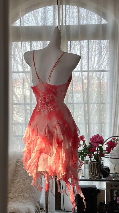Robes de bal courtes roses fourreau à fines bretelles perlées, tenues de soirée pour remise de diplôme MP999