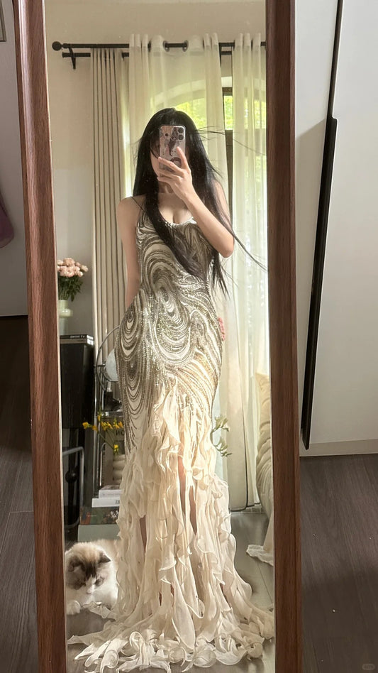 Pretty Mermaid Spaghetti Strap Champagne Chiffon With Beading Layers Long Sleeveless Evening Gala Gowns Prom Dresses MP1141