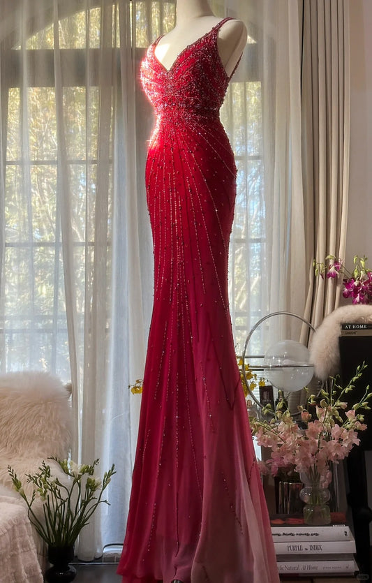 Stylish Mermaid Spaghetti Strap Gradient Pink Colors Chiffon Sleeveless Formal Outfits Long Prom Dresses M5P1106