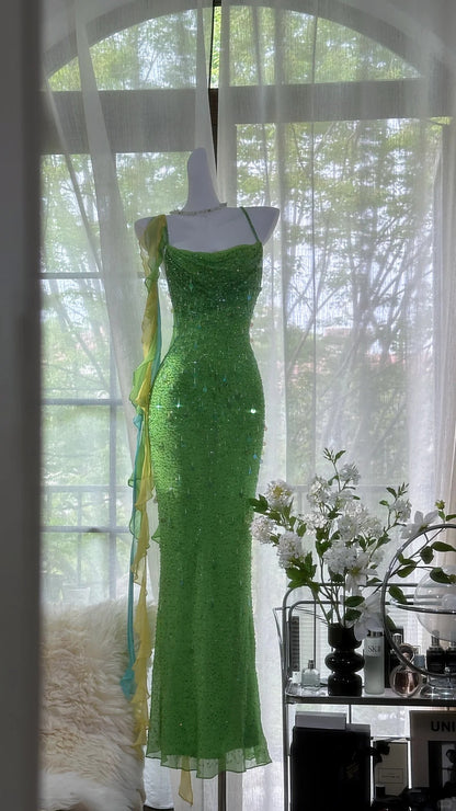 Sparkly Mermaid Spaghetti Strap Green Chiffon Long Evening Night Gown Sleeveless Prom Dresses MP1001