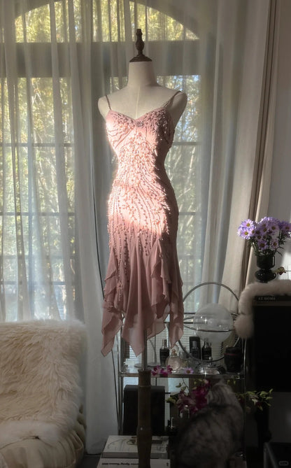Sexy Homecoming-Kleider Spaghettiträger Rosa Meerjungfrau Knielang Party Abschluss Outfits MP1088