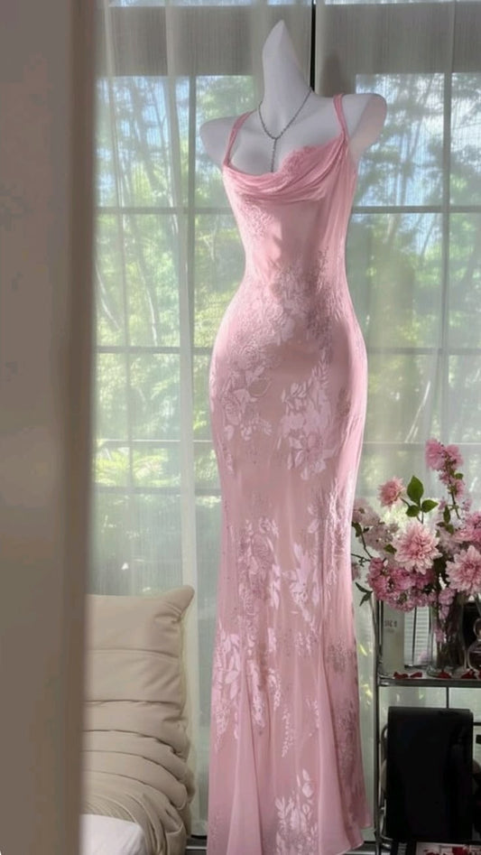 Sexy Scheide Neckholder Pink Blumen Lang Chiffon Abschlussballkleider Damen Partykleider MP572