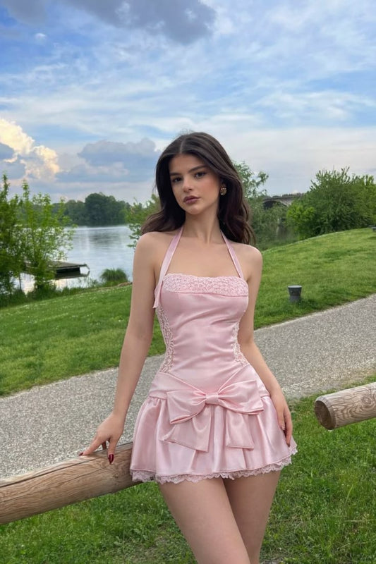 Rosa Satin-Spitzen-Mini-Heimkehrkleid mit Schleife – Süßes rückenfreies Party-Outfit für Damen MP348