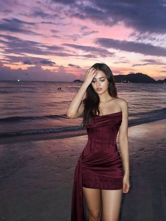 Cute Sheath Strapless Burgundy Sweet Outfit Idea 18th Birthday Outfits Homecoming Dresses MP946