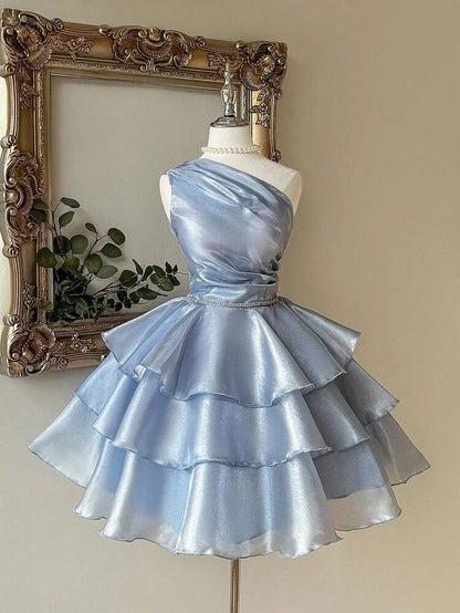 Pretty Cocktail Dresses Ball Gown One Shoulder Blue With Long Layers Tiered Short Mini Birthday Homecoming Dress MP571