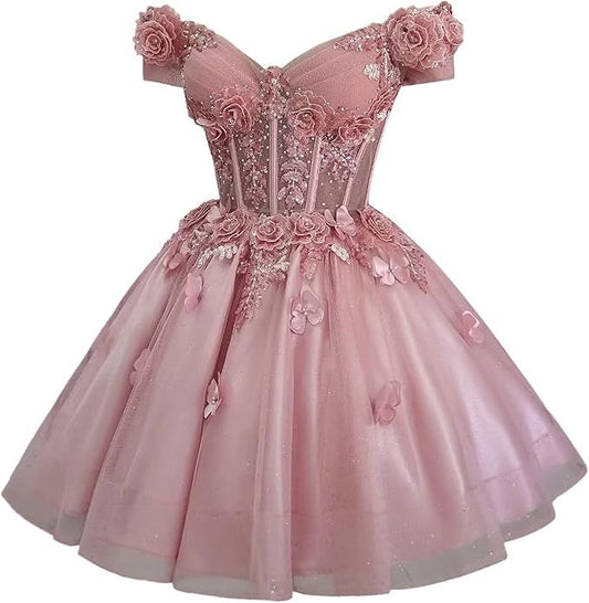 Modernes Rouge-Pink Cocktail Ballkleid Schulterfrei Pink Formelle Geburtstag Outfits Spitze Homecoming Kleider MP574