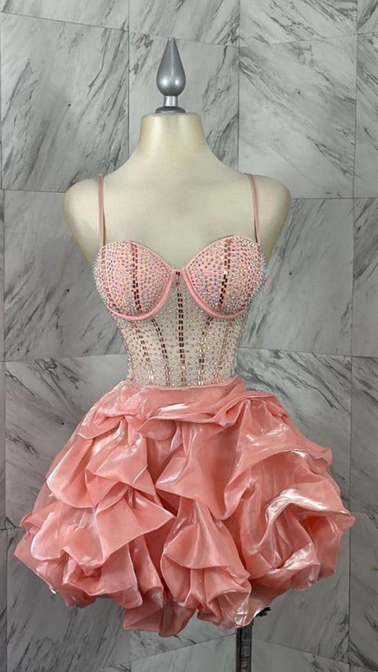 Sparkly Ball Gown Spaghetti Strap Pink Short Graduation Homecoming 15th Birthday Outfits MP948