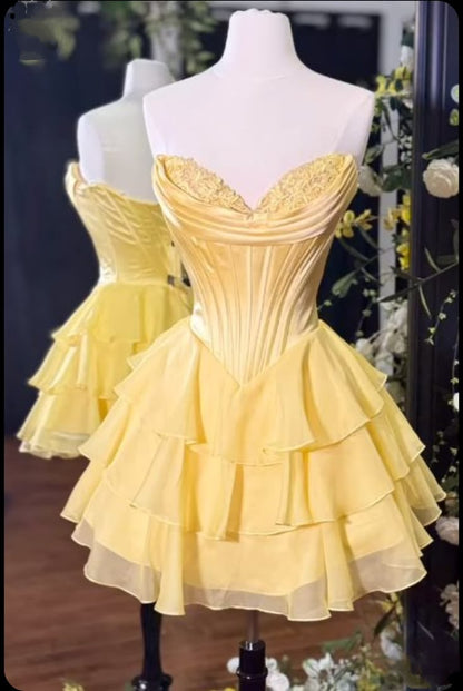 Cute A Line Sweetheart Yellow Chiffon With Lace Short 16th Birthday Outfits Homecoming Dress MP796